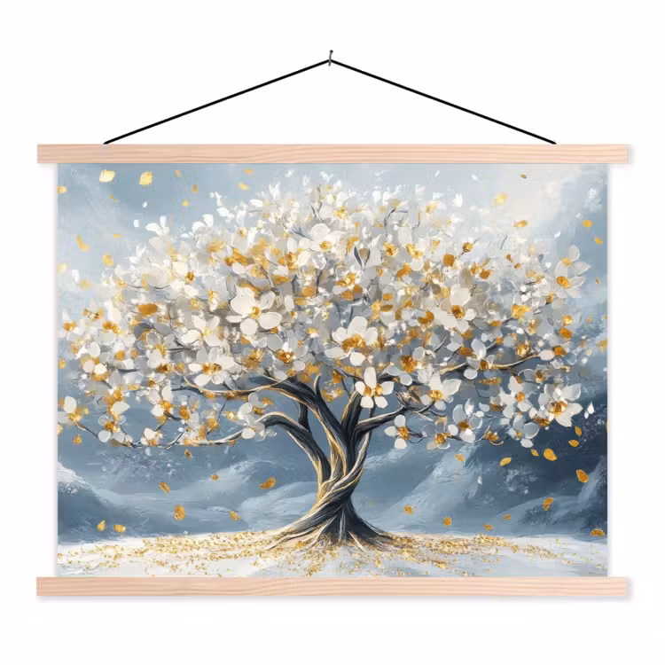 Boom - Winter - Levensboom - Modern - Goud textielposter latten blank klein -3d