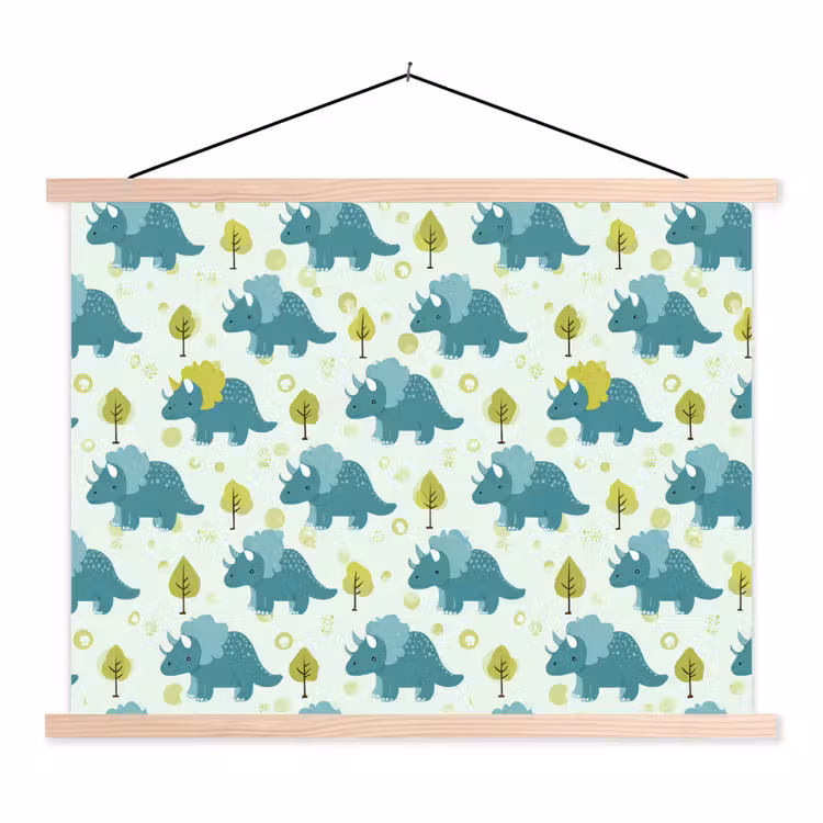 Triceratop - Blauw - Stippen - Boompjes textielposter latten blank klein -3d