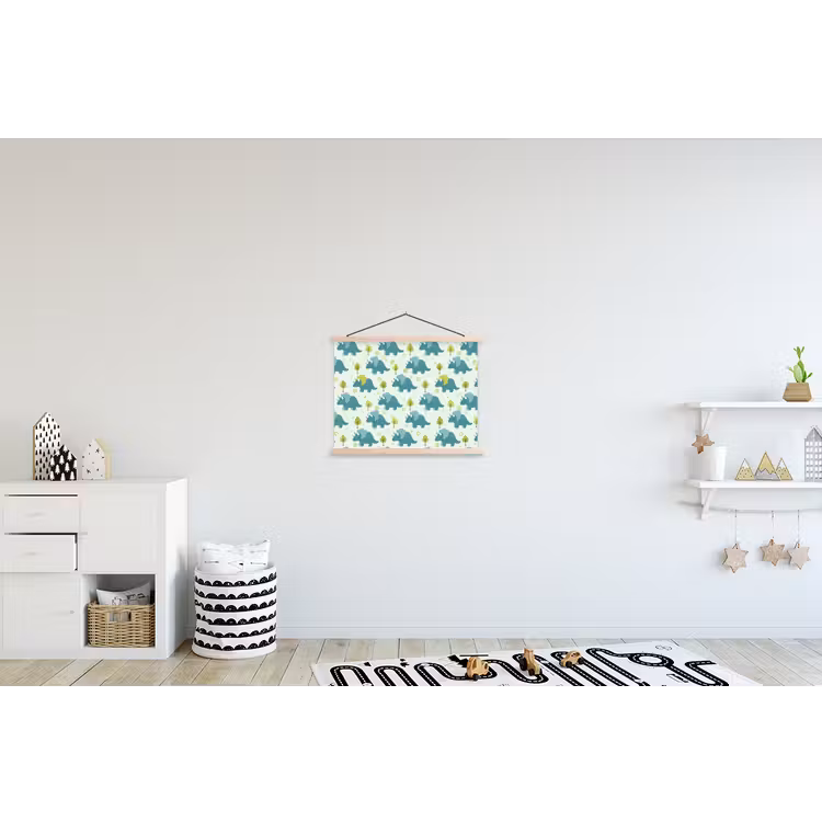 Triceratop - Blauw - Stippen - Boompjes textielposter latten blank klein -kinderkamer