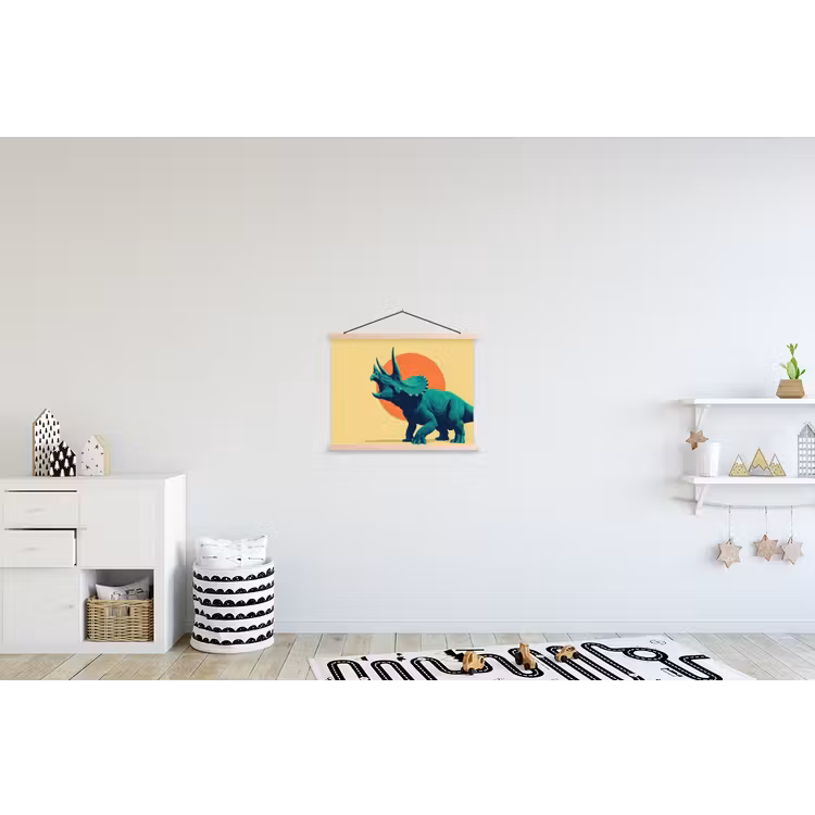 Triceratops - Cirkel - Oranje - Hoorns textielposter latten blank klein -kinderkamer