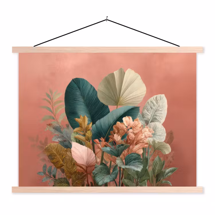 Tropische bladeren - Bloemen - Roze - groen textielposter latten blank klein -3d
