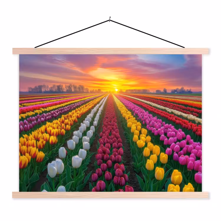 Tulpenveld - Zonsondergang - Kleurrijk textielposter latten blank klein -3d