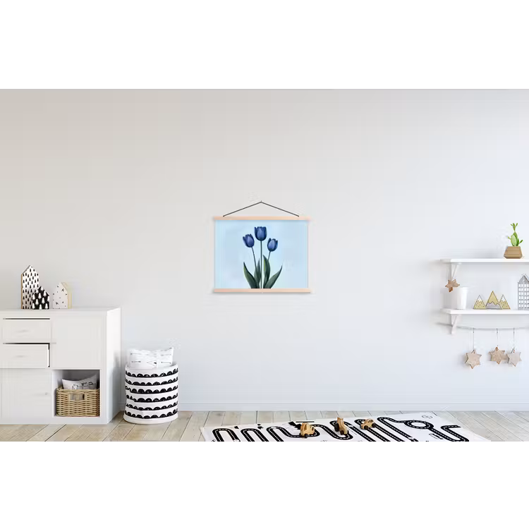 Tulpen - Blauw - Bladeren textielposter latten blank klein -kinderkamer