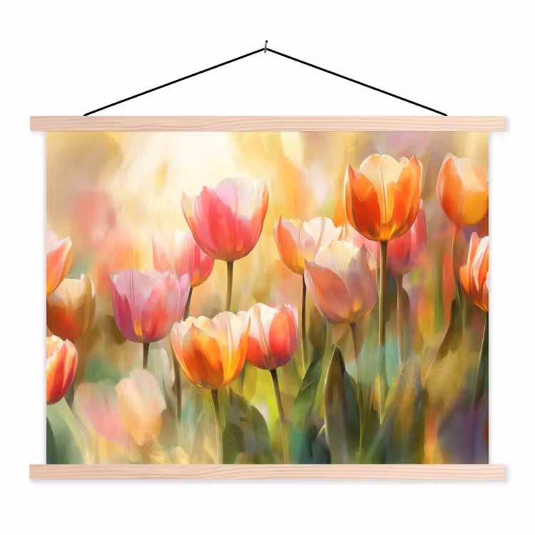 Tulpen - Sprookjesachtig - Kleurrijk textielposter latten blank klein -3d
