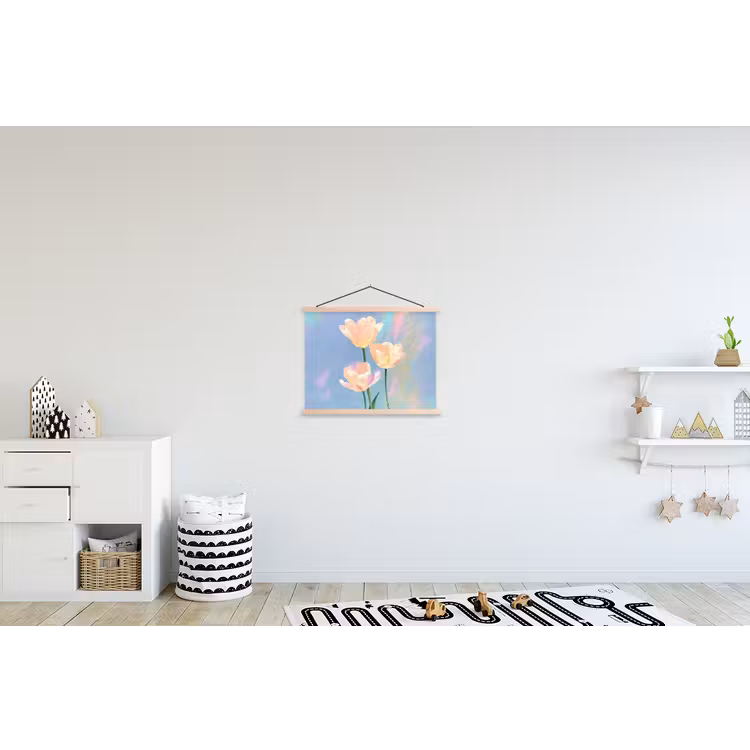 Tulpen - Roze accenten - Blauw textielposter latten blank klein -kinderkamer
