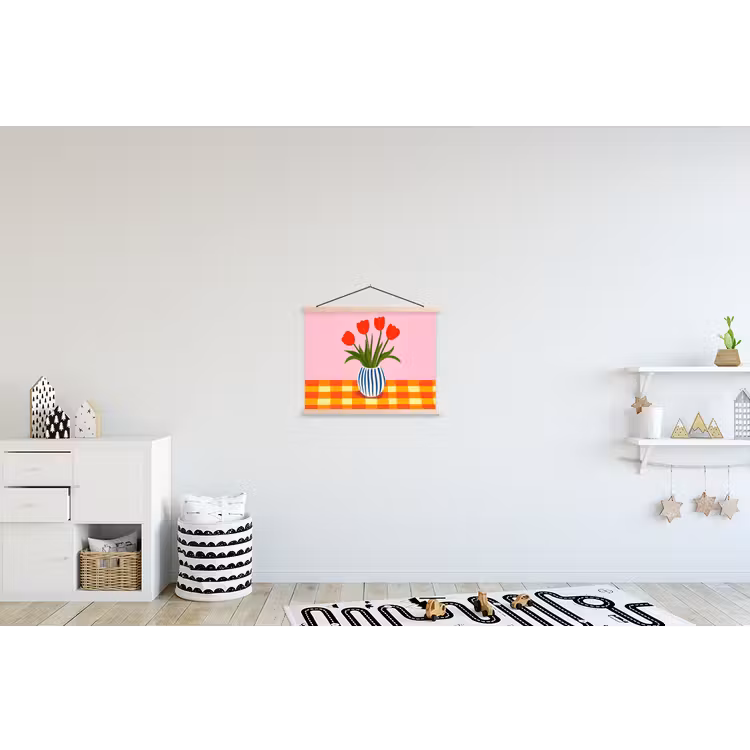 Tulpen - Roze - Vaas textielposter latten blank klein -kinderkamer