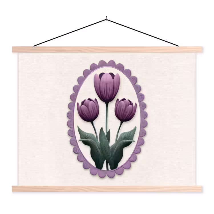 Tulpen - Paars - Lijst - Bladeren textielposter latten blank klein -3d