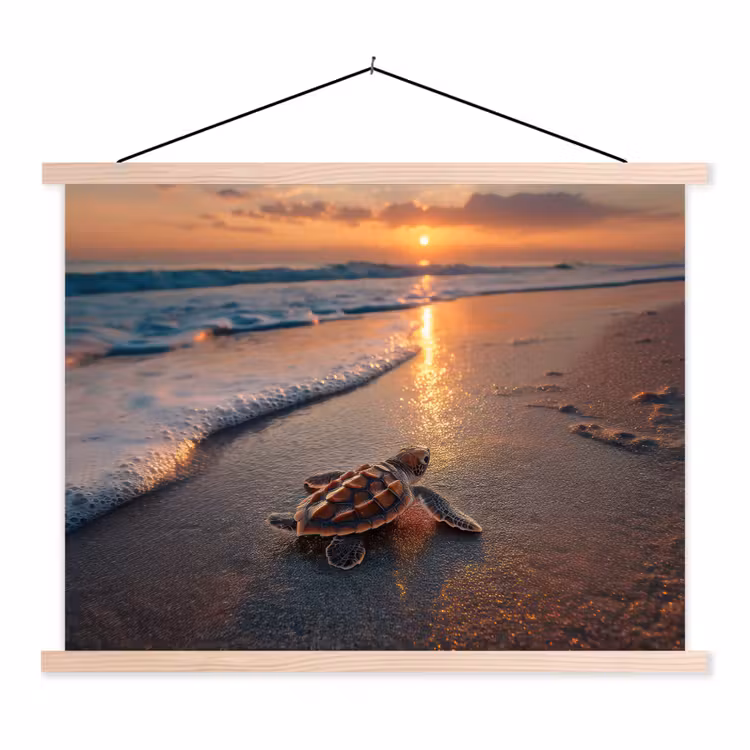 Schildpad - strand - Zonsondergang textielposter latten blank klein -3d