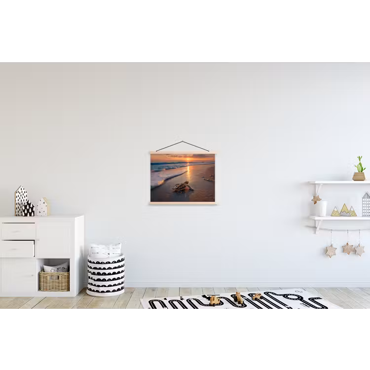 Schildpad - strand - Zonsondergang textielposter latten blank klein -kinderkamer