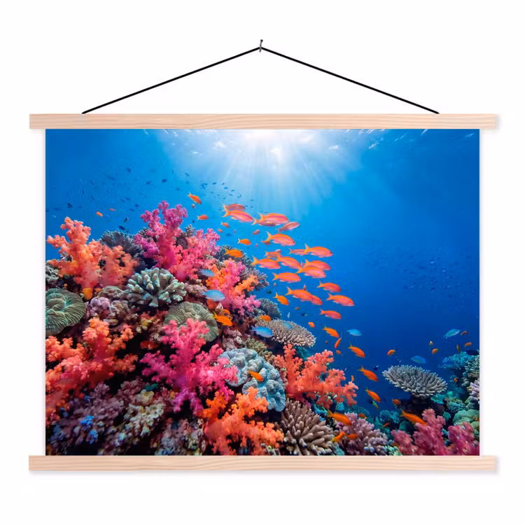 Onderwater - Koraalrif - Vissen - Oceaan - Natuur textielposter latten blank klein -3d