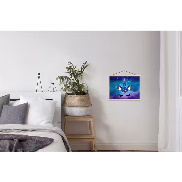 Eenhoorn - Sterrenhemel - Ster - Blauw textielposter latten blank klein -woonkamer