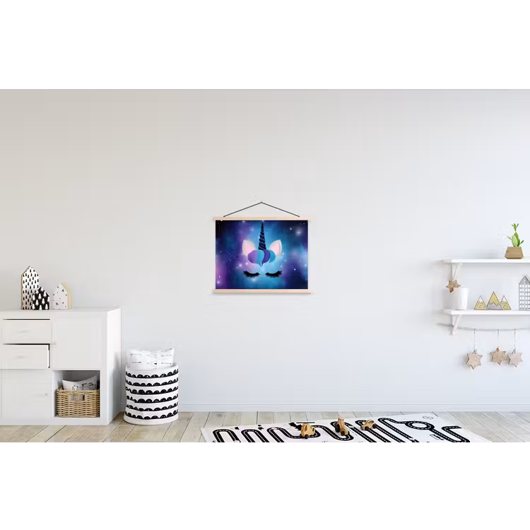 Eenhoorn - Sterren - Blauw textielposter latten blank klein -kinderkamer