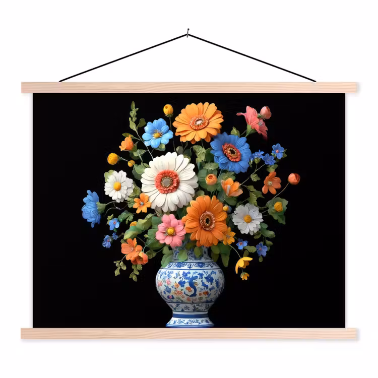 Vaas - Boeket - Bloemen - Kleur textielposter latten blank klein -3d