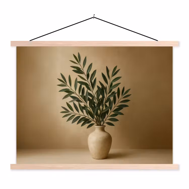 Vaas - Olijftakken - Bladeren - Beige textielposter latten blank klein -3d