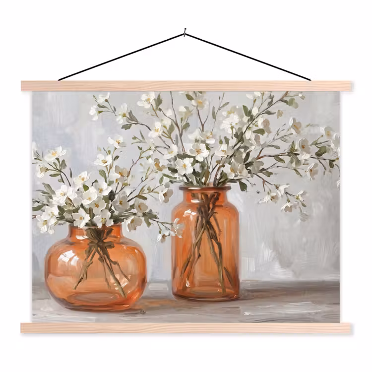 Vazen - Bloemen - Oranje textielposter latten blank klein -3d