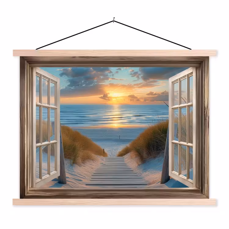 Doorkijk - Strand - Pad - Zonsondergang textielposter latten blank klein -3d