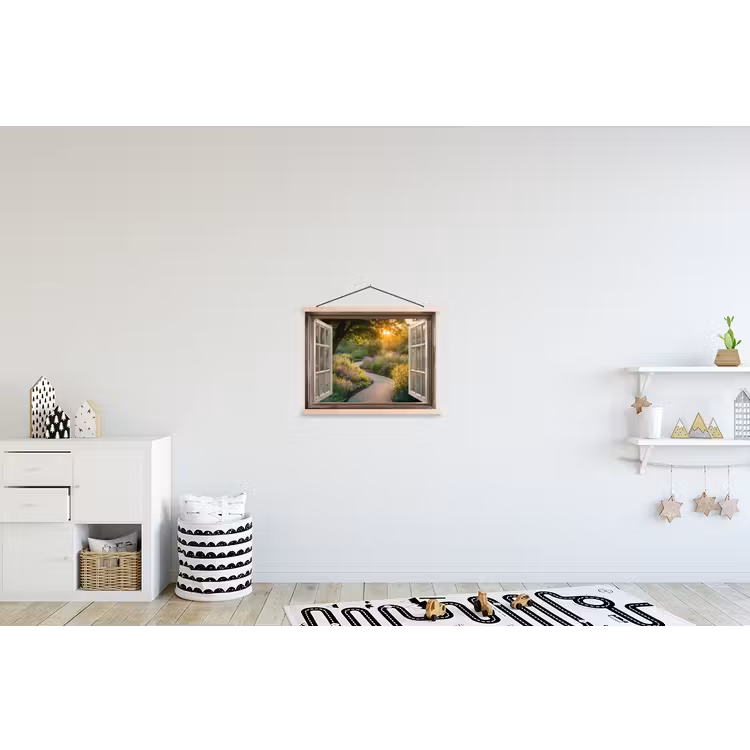 Doorkijk - Bloemen - Natuur - Zon - Pad textielposter latten blank klein -kinderkamer