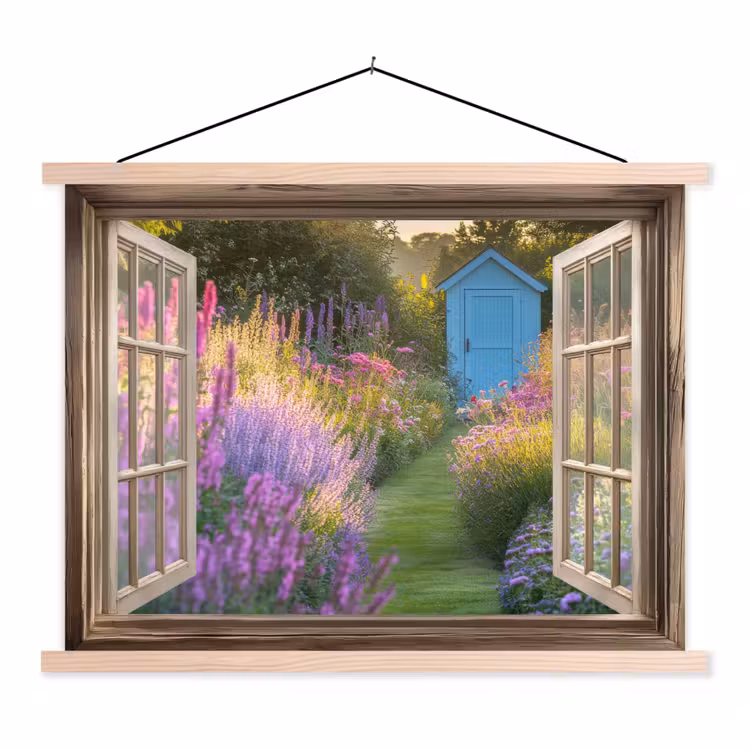 Doorkijk - Bloemen - Raam - Natuur textielposter latten blank klein -3d