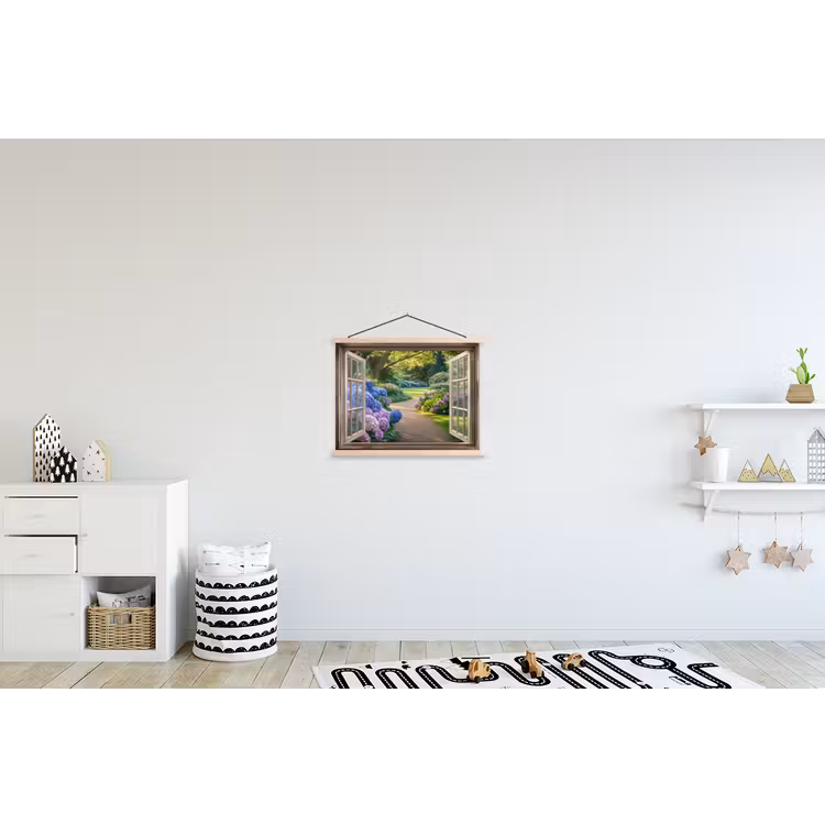 Doorkijk - Tuin - Raam - Hortensia - Bloemen textielposter latten blank klein -kinderkamer