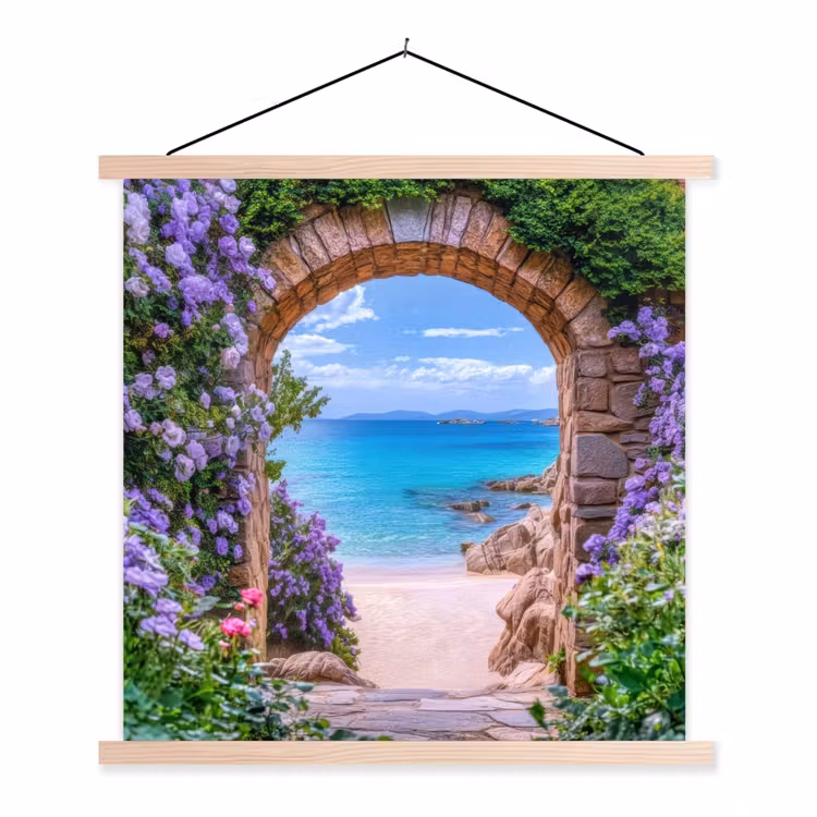 Doorkijk - Poort - Zee - Strand - Rotsen textielposter latten blank klein -3d