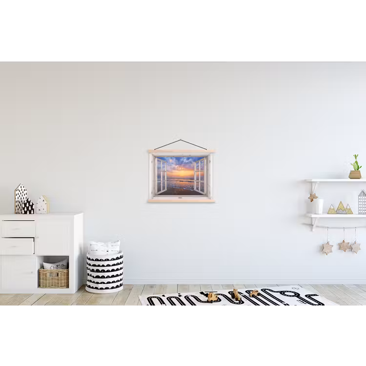 Doorkijk - Zee - Strand - Zonsondergang - Blauw textielposter latten blank klein -kinderkamer