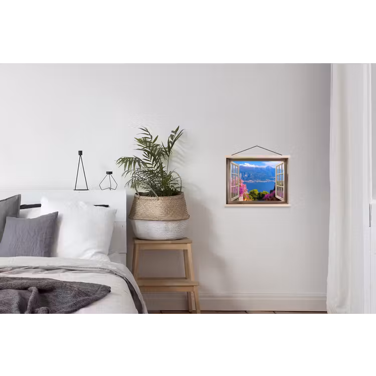 Doorkijk - Berg - Landschap - Uitzicht - Meer textielposter latten blank klein -woonkamer
