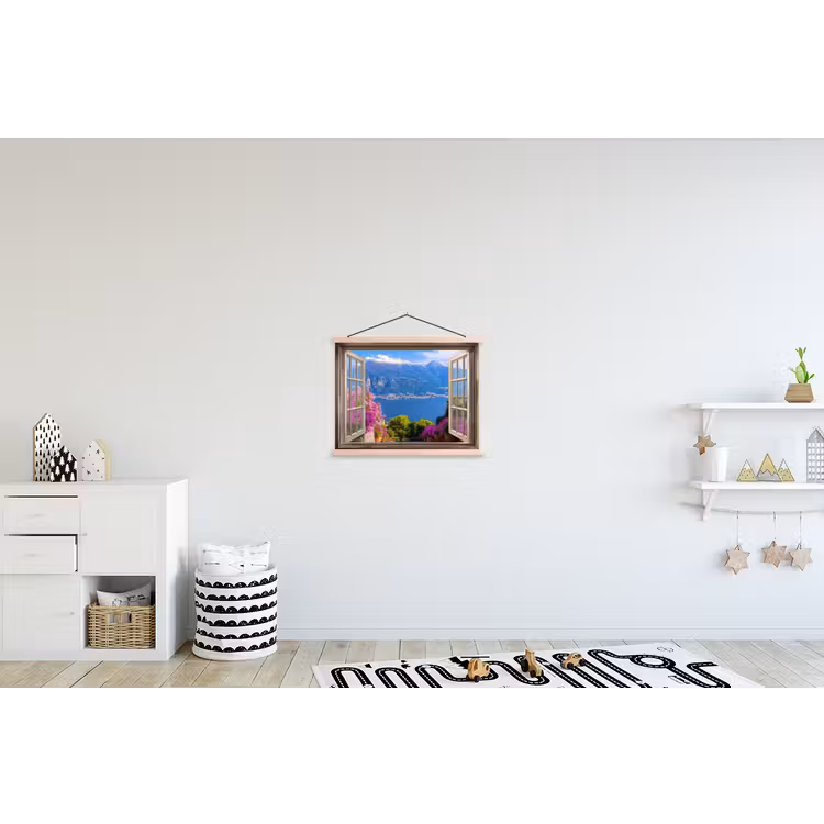 Doorkijk - Berg - Landschap - Uitzicht - Meer textielposter latten blank klein -kinderkamer