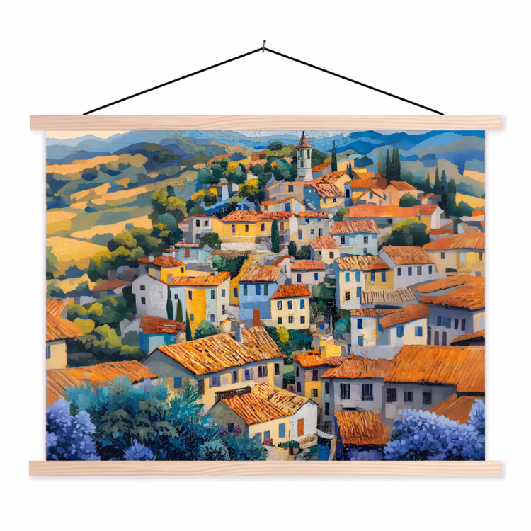 Dorp - Heuvels - Landschap - Bomen textielposter latten blank klein -3d
