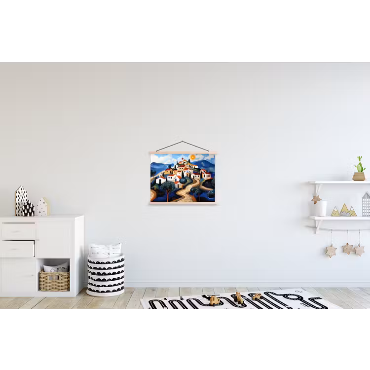 Dorp - Heuvelachtig - Zon - Mozaïek textielposter latten blank klein -kinderkamer