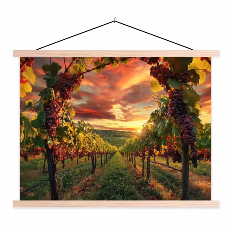Wijngaard - Druiven - Zonsondergang textielposter latten blank klein -3d