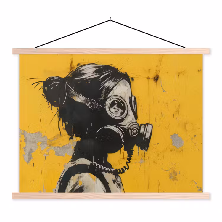 Vintage - Street art - Meisje - Masker - Geel - Banksy textielposter latten blank klein -3d