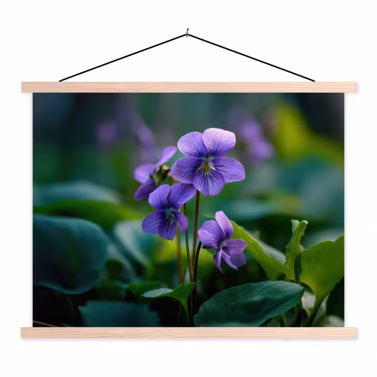 Viooltjes - Paars - Bloem - Bladeren textielposter latten blank klein -3d