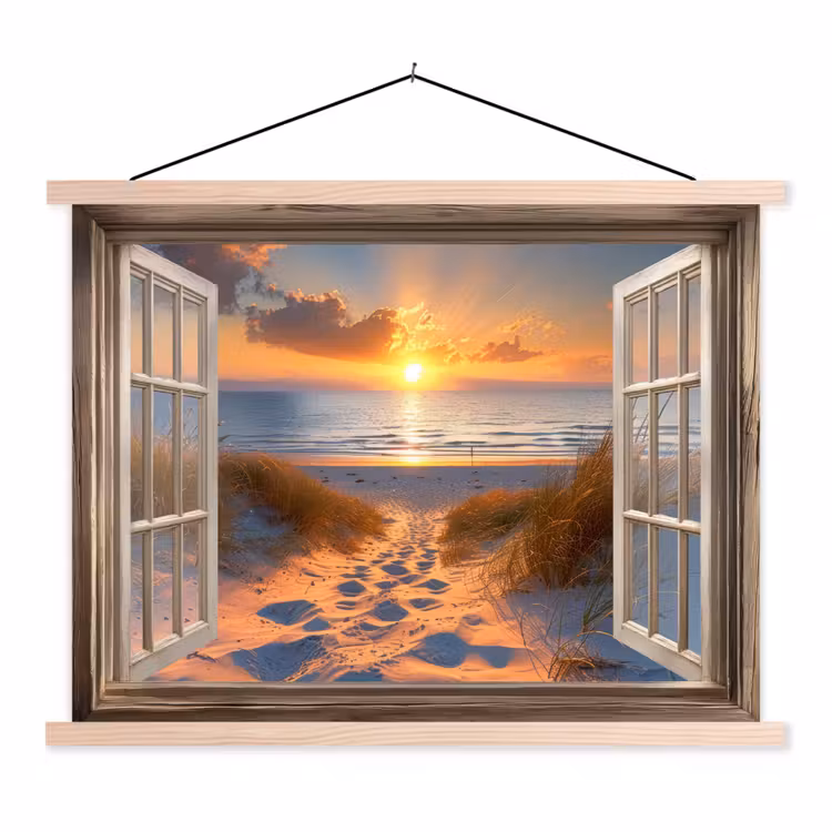 Doorkijk - Strand - Duinen - Zonsondergang textielposter latten blank klein -3d