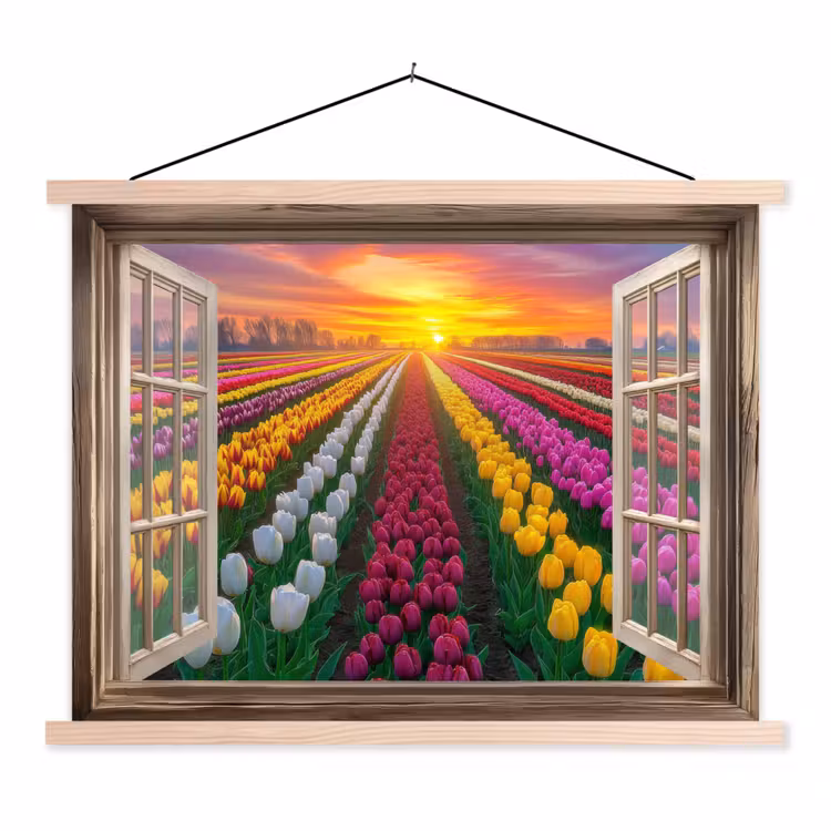 Doorkijk - Bloemen - Tulpen - Kleurrijk - Zonsondergang textielposter latten blank klein -3d