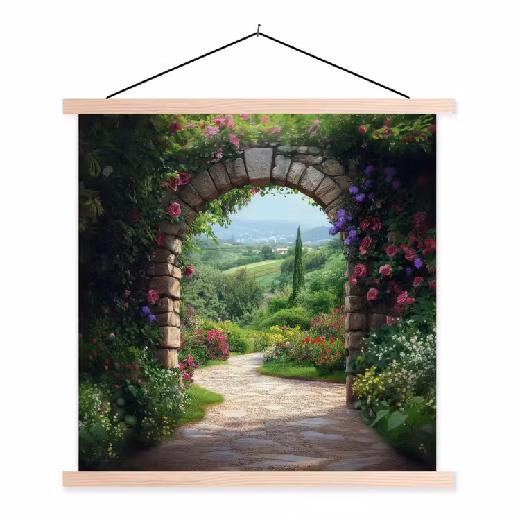 Doorkijk - Landschap - Bloemen - Pad - Uitzicht textielposter latten blank klein -3d