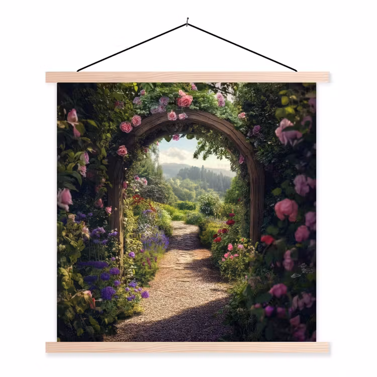 Doorkijk - Landschap - Bloemen - Rozenboog - Natuur textielposter latten blank klein -3d