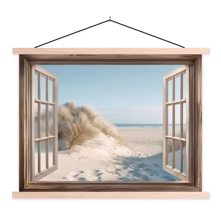 Doorkijk - Helmgras - Duinen - Zee - Landschap textielposter latten blank klein -3d