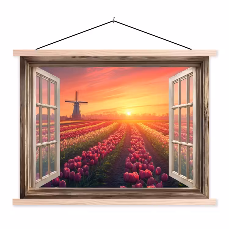 Doorkijk - Tulpen - Zonsondergang - Bloemen - Kleurrijk textielposter latten blank klein -3d