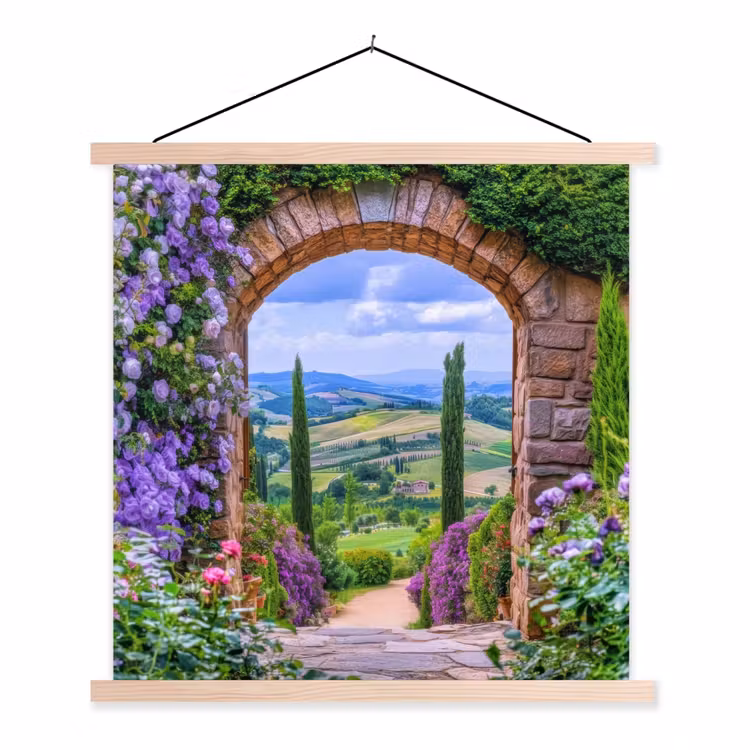 Doorkijk - Toscane - Landschap - Poort textielposter latten blank klein -3d