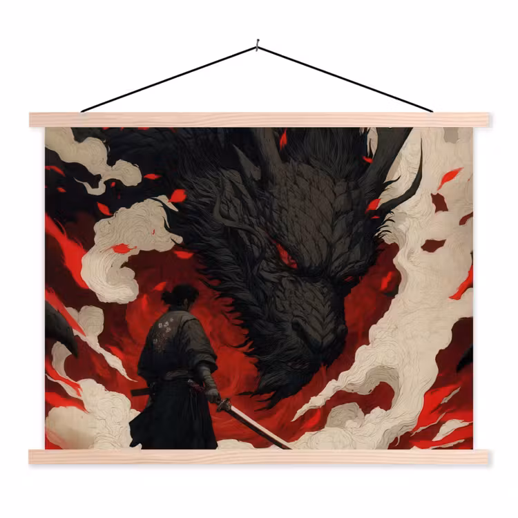 Krijger - Draak - Zwart - Rood - Rook textielposter latten blank klein -3d