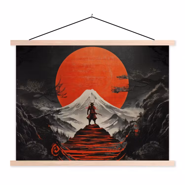 Krijger - Rode trappen - Zon - Berg textielposter latten blank klein -3d