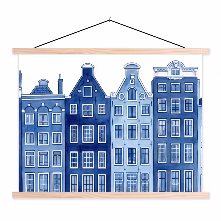 Aquarel - Grachtenpanden - Delfts - Blauw textielposter latten blank klein -3d