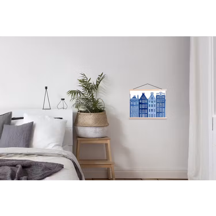 Aquarel - Grachtenpanden - Delfts - Blauw textielposter latten blank klein -woonkamer