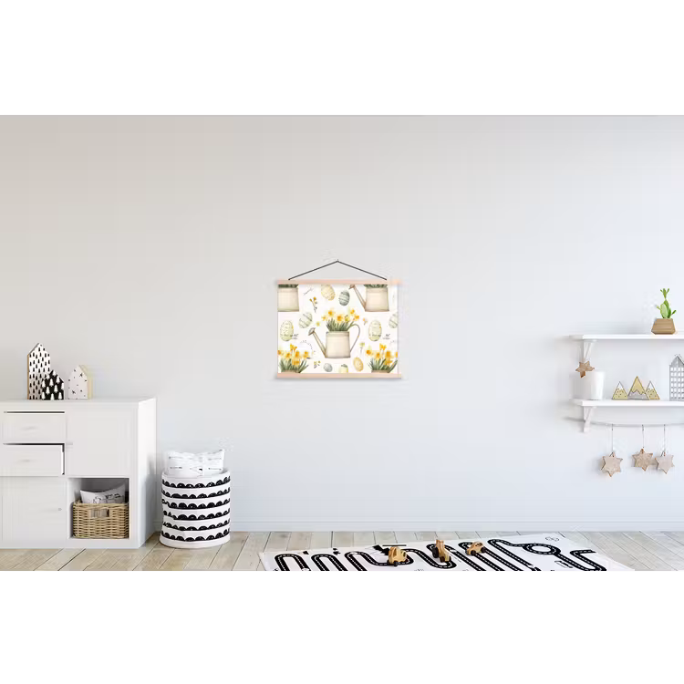 Gieter - Bloemen - Eieren textielposter latten blank klein -kinderkamer