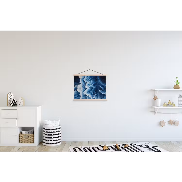 Golven - Blauw - Schuim textielposter latten blank klein -kinderkamer