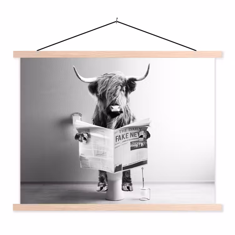 WC - Toilet - Krant - Schotse Hooglander - Zwart Wit textielposter latten blank klein -3d