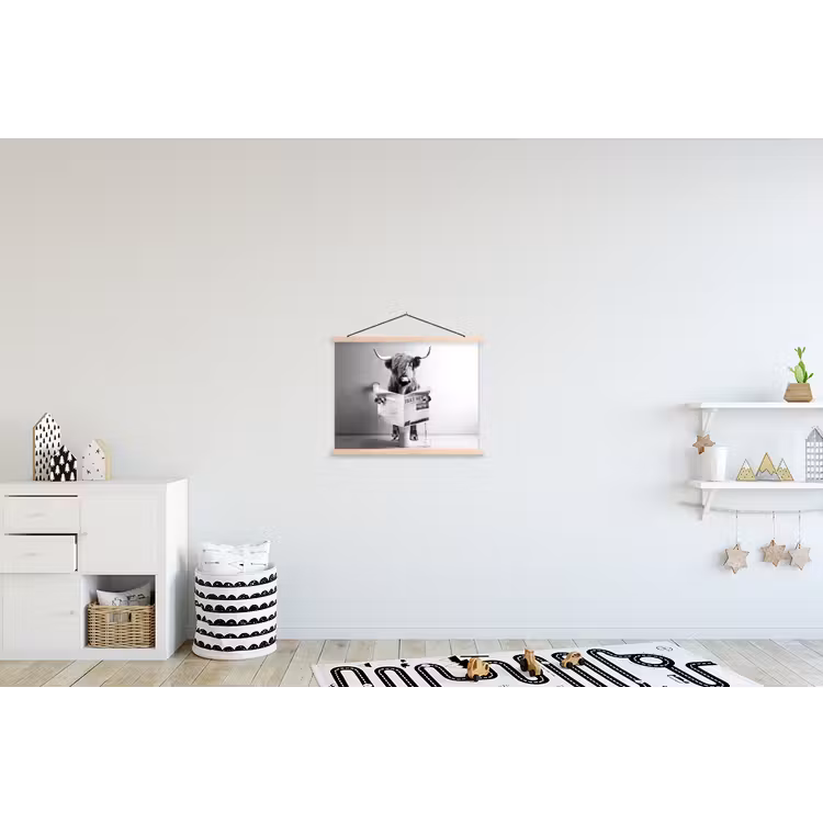 WC - Toilet - Krant - Schotse Hooglander - Zwart Wit textielposter latten blank klein -kinderkamer