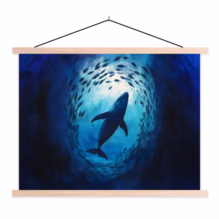 Walvis - Vissen - Donkerblauw textielposter latten blank klein -3d