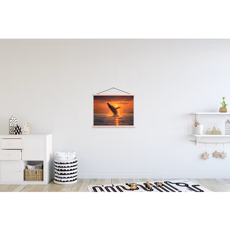 Walvis - Zon - Zee textielposter latten blank klein -kinderkamer