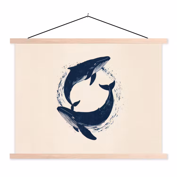 Walvissen - Spetters - Cirkel - Donkerblauw textielposter latten blank klein -3d